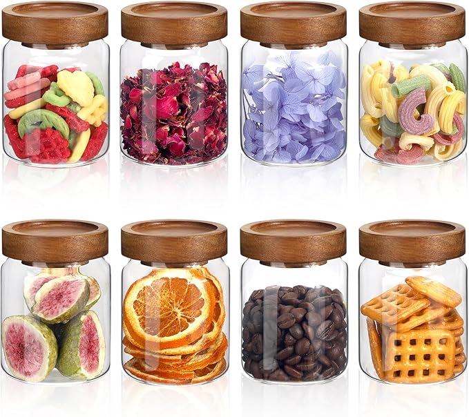 5 oz Glass Spice Jar with Acacia Wood Lid 8 pcs,Small Coffee Sugar Herb Container Food Storage Canisters Bottle for Candy Kitchen Seasoning Tea Overnight Oats Bar Snacks (8 * 150ml(5oz))