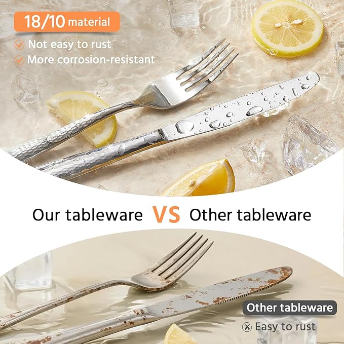 Hammered Flatware Set, 60-Piece 18/10 Stainless Steel Silverware | Heavy Duty Construction, Mirror Polished Finish, Dishwasher Safe, Elegant Utensil Set for Home, Restaurant & Occasions