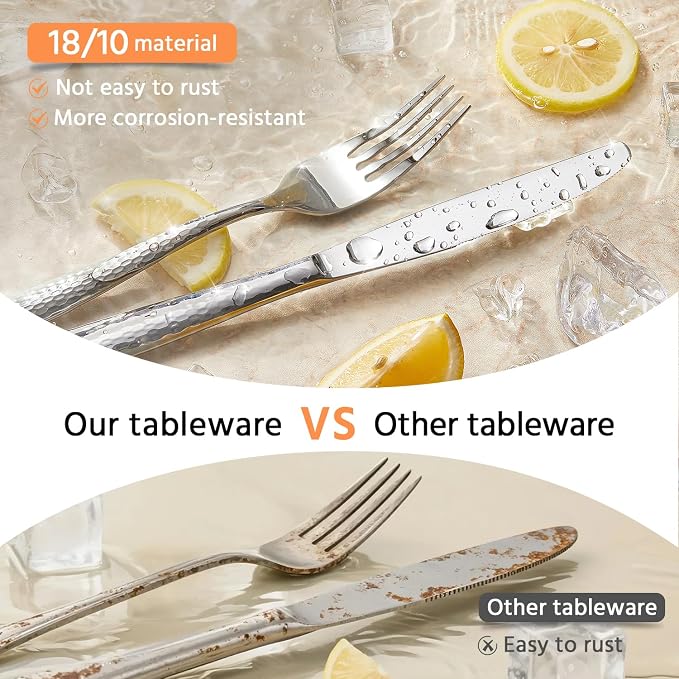 Hammered Flatware Set, 20-Piece 18/10 Stainless Steel Silverware | Heavy Duty Construction, Mirror Polished Finish, Dishwasher Safe, Elegant Utensil Set for Home, Restaurant & Occasions