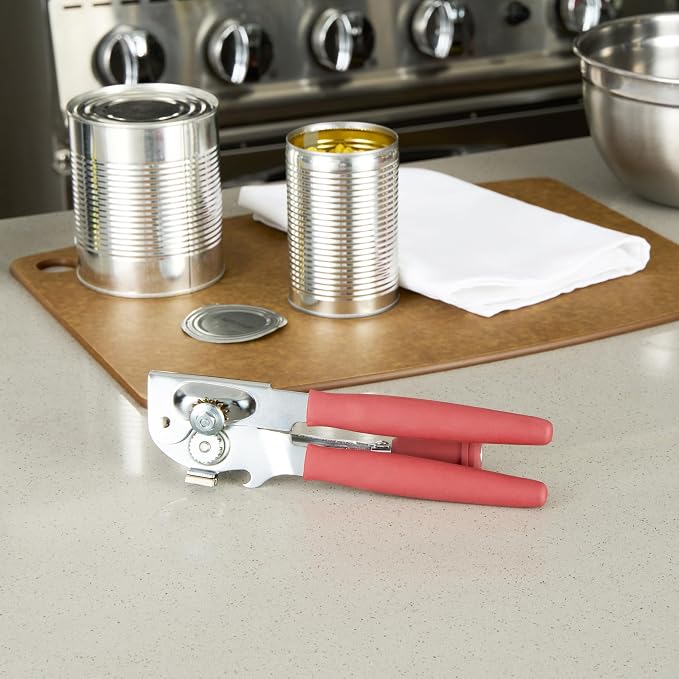 Restaurantware Stainless Steel Magnetic Manual Can Opener - German Standard Red Crank Can Opener with Magnet, Ergonomic Handles, Non-Slip - Heavy-Duty Hand Can Opener, Easy Turn, Sharp Blade
