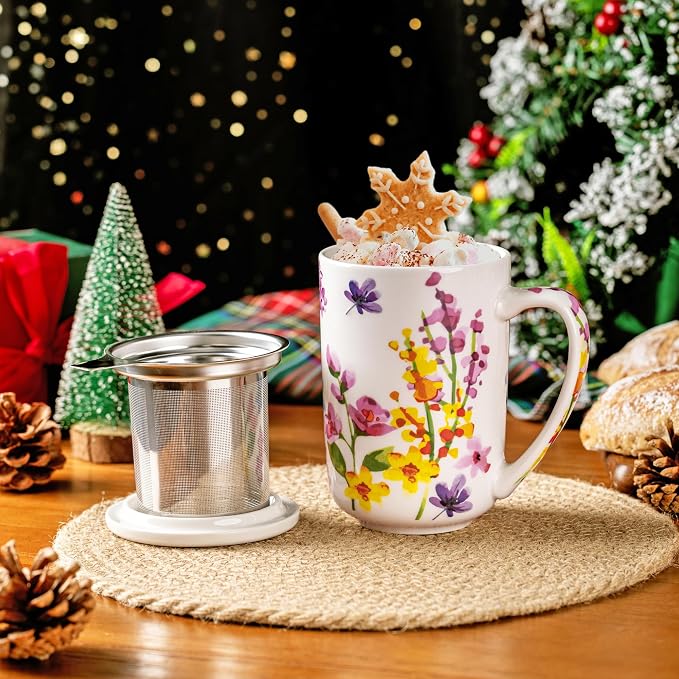 GBhome Tea Mug with Infuser and Lid,18 Ounce Ceramic Loose Leaf Cup Steeper | Lead-Free Glaze For Tea Lovers,Microwave & Dishwasher Safe with Tea Strainer