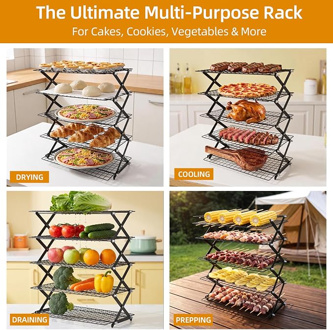2/3/4/5-Tier Collapsible Cooling Rack with Adjustable 3 Setting Design Stackable Wire Baking Rack Cooling Racks for Cooking and Baking Roasting Cookies Pizza Gifts for Women