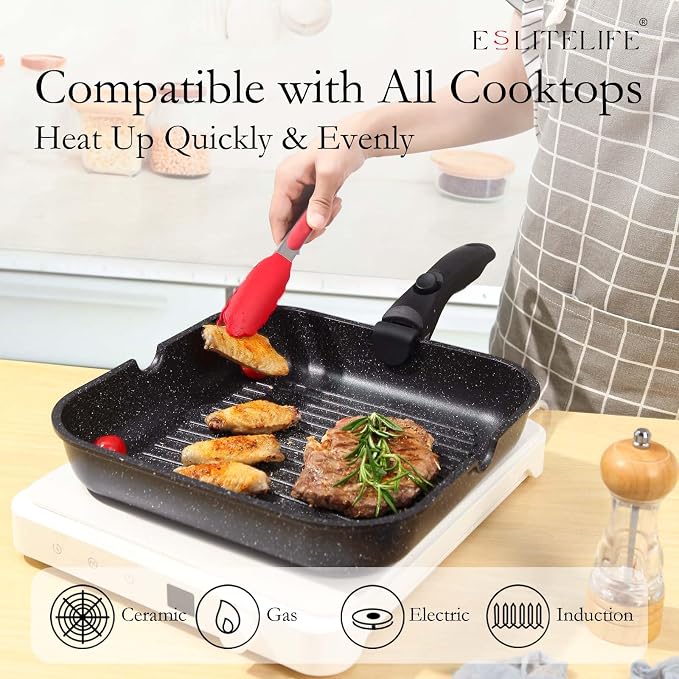 ESLITE LIFE 11 Inch Large Square Grill Pan, Induction Compatible Nonstick Steak Grill Pan with Detachable Handle, Versatile Skillet for Indoor Cooking, PTFE & PFOA Free, Black