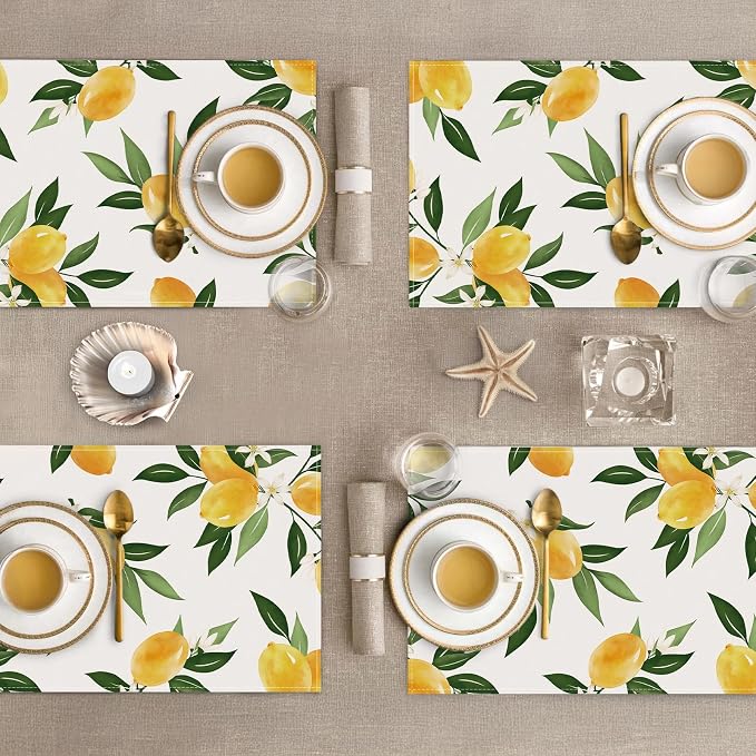 Bonhause Lemon Placemats Set of 4, 12x18 Inch Summer Yellow Fruits Green Leaves Kitchen Dining Table Mats Washable Place Mats for Indoor Outdoor Home Party Decor