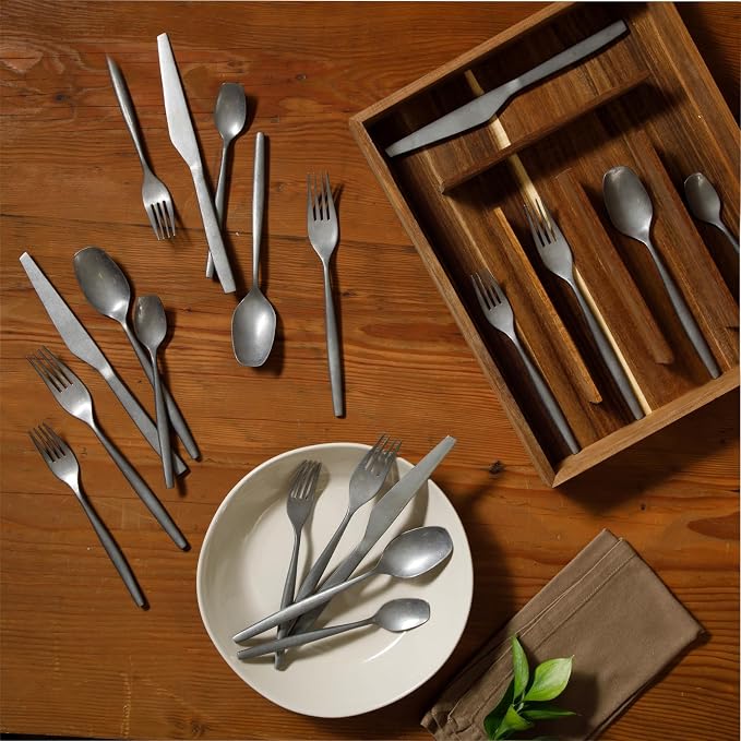 Two Time Oprah's Favorite Things Winner - 20 Piece Stone Washed Flatware 18/10 Stainless Steel Silverware Cutlery Utensil Set With Acacia Wood Caddy - Service for 4