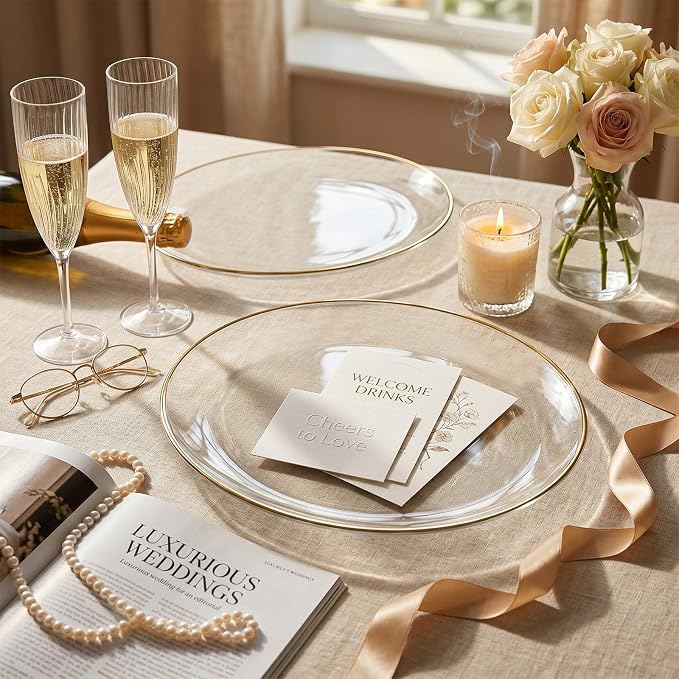 6-Pack Clear and Gold Plastic Serving Trays - 10x12 Inch Heavy Duty Oval Disposable Serving Platters for Cookie/Appetizer/Snack Party Food Display - Clear Gold Serving Trays for Party/Wedding/BBQ