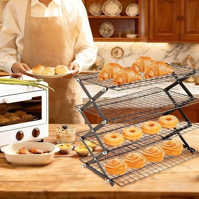 3-Tier Collapsible Cooling Rack with Adjustable 3 Setting, Wire Cooling Roasting Cooking Baking Drying Rack for Cookies Bread Turkey, Candy, Fruit, Snacks