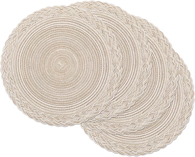 SHACOS Round Placemats Set of 4 Boho Braided Border 15 inch Circle Place Mats Washable Fabric Table Mats for Kitchen Dining Table, Ivory