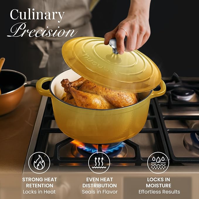 Nuovva Enamelled Cast Iron Dutch Oven Pot with Lid 6.4 Quart Non Stick Casserole Pot-Heavy Duty & Oven Safe up to 500° F for Bread Baking, Braising, Stews, Roasting - 28cm Yellow