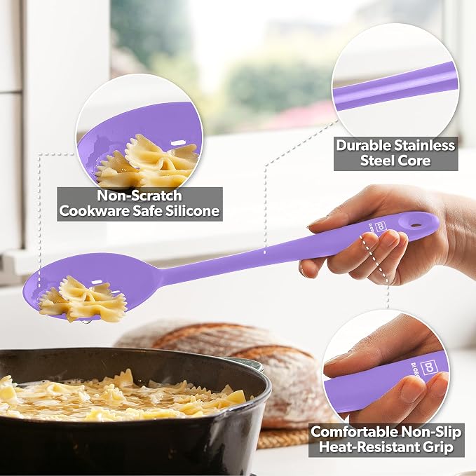 DI ORO Silicone Cooking Spoons - Solid & Slotted Set, 2-Pc Lavender | Large heads for mixing, serving, and stirring; Heat-resistant to 600F for nonstick cookware; BPA-free and dishwasher safe