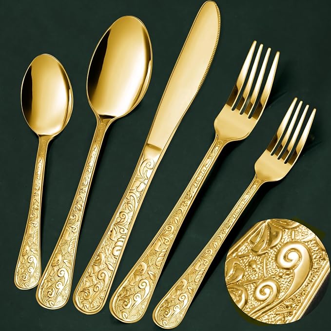 Meythway 60-Piece Vintage Carved Gold Silverware Set for 12, Stainless Steel Flatware Set with Knife/Fork/Spoon, Cutlery Set for Home and Kitchen, Utensil Set with Dishwasher Safe