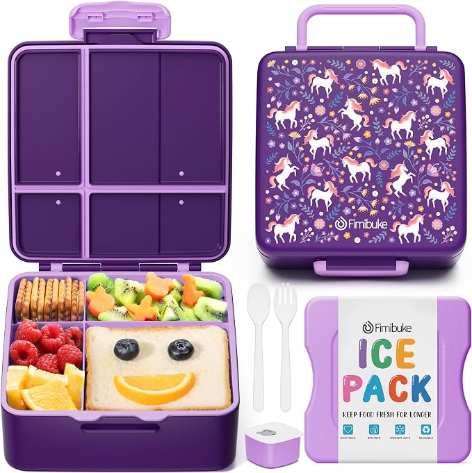Fimibuke Chill Bento Box for Kids, Toddler Lunch Box with Built-In Ice Pack | Keep Cold Leak Proof BPA Free 4 Compartment Lunch Container with Utensil for Girl Boy School Adult, Microwave Dishwasher Safe