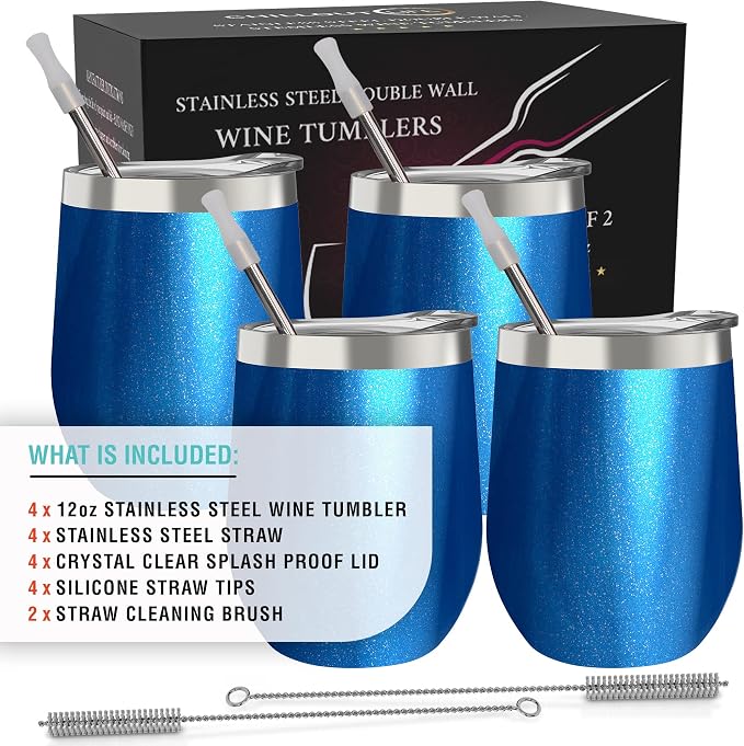 CHILLOUT LIFE 12 oz Stainless Steel Wine Tumblers 4 Pack - Double Wall Vacuum Insulated Wine Glasses Cups with Lids and Straws Set Keeping Cold & Hot for Coffee, Beer, Ice Cream - Blue Sparkle