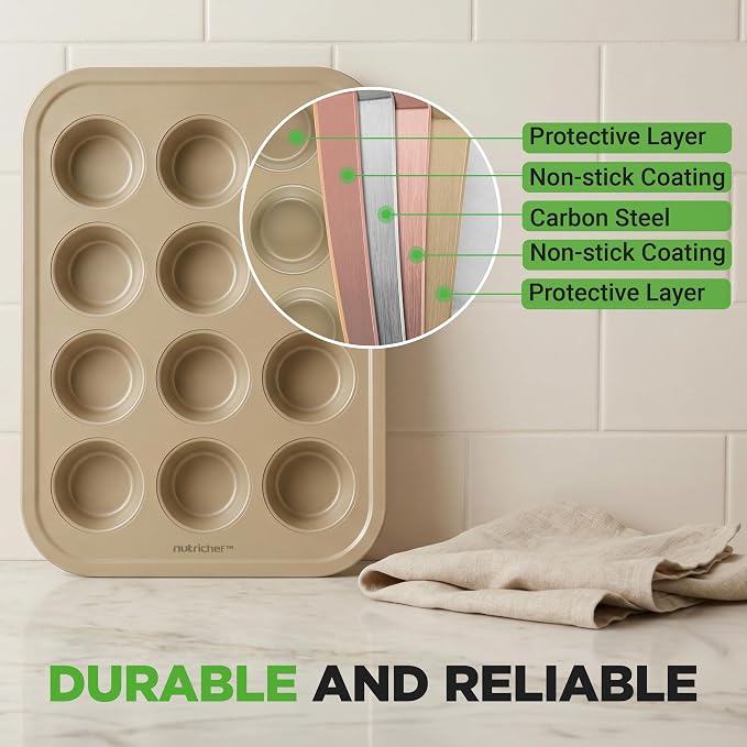 NutriChef Muffin Pans for Baking 2-Pack | Nonstick 12 Mold Cupcake Tins | Carbon Steel Stackable Cup Cake Trays | Dishwasher & Oven Safe | Includes 100 Parchment Paper Liners | 13 x 10 x 1 | Gold