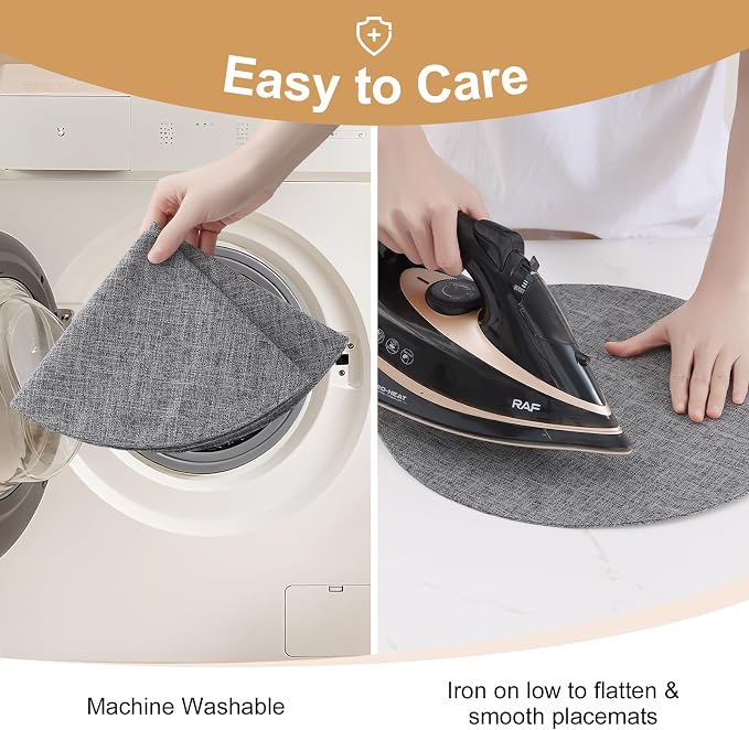 Cotton Linen 15 Inch Round Cloth Place mats, Set of 6, Dark Grey | Washable Table Mats, Heat Resistant, Reversible, Wipeable Place Mats for Indoor Outdoor