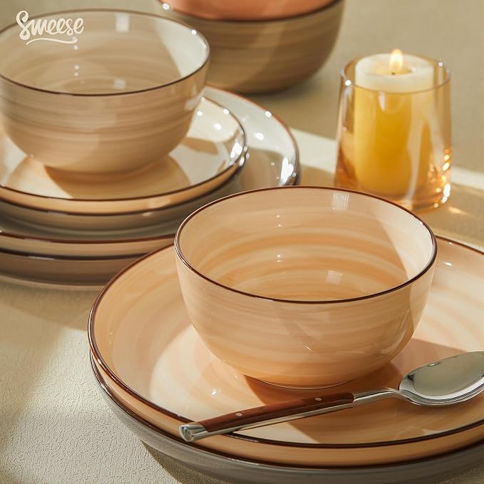 Sweese Plates and Bowls Sets, 18 Piece Dinnerware Set Porcelain Round Dinner Set for 6, Scratch Resistant Dishes Set, Dishwasher and Oven Microwave Safe Handpainted Swirl Dishware Sets, Neutral