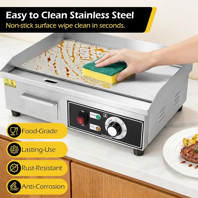 Dyna-Living Electric Griddle 22''Flat Top Grill Commercial Teppanyaki Grill | 3000W Countertop Flat Top Griddle Stainless Steel Electric Griddles, Non-Stick, Easy to Clean, 122℉-572℉ Temp Adjustable