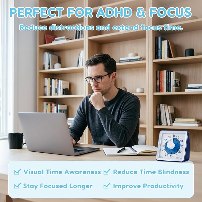 Secura Visual Timer for Kids, 60 Minute Classroom Countdown Timer for Study | Non-Ticking, Adjustable Alarm Volume/Duration, Low Power Reminder, Time Management Tool for ADHD (Navy Blue & Navy Blue)