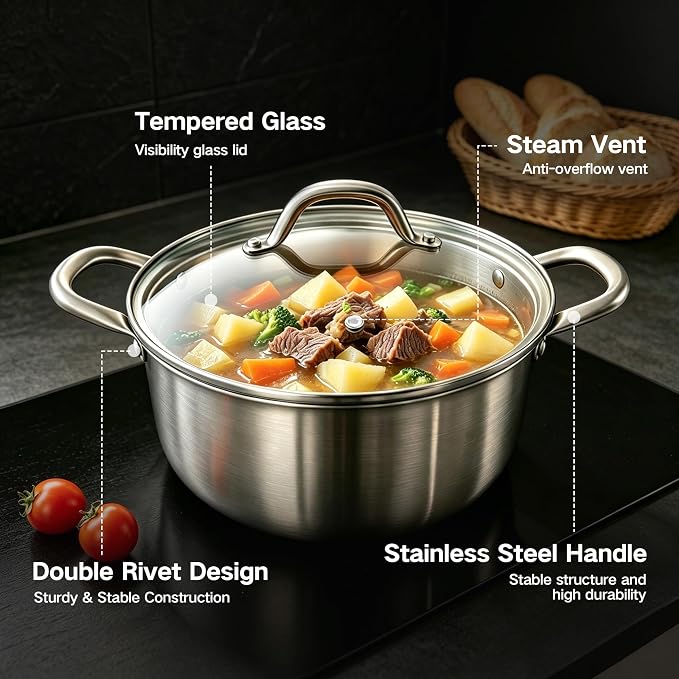 BRASA, Stainless Steel Stock Pot with Grass Lid 6.3QT+5.9in trivet,Nonstick cooking pot,for Pasta,Soup,Spaghetti,Sturdy,Induction & All Cooktop Compatible,Dishwasher safe PFOSFree (6.3QT+5.9in trivet)
