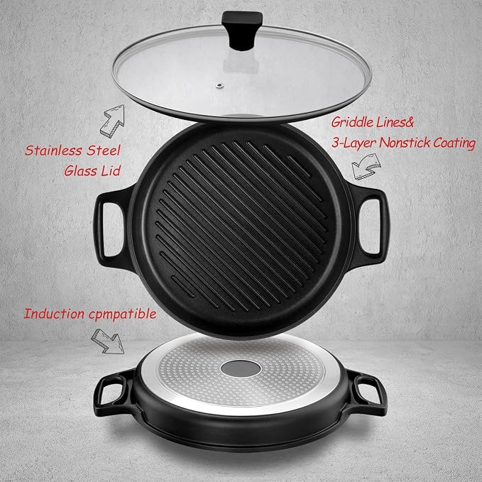 S·KITCHN Cast Aluminum Griddle Pan for Stovetop with Lid - Lighter than Cast Iron Skillet,Round Frying Pans Nonstick Grill Pan Dishwasher & Oven Safe,12IN