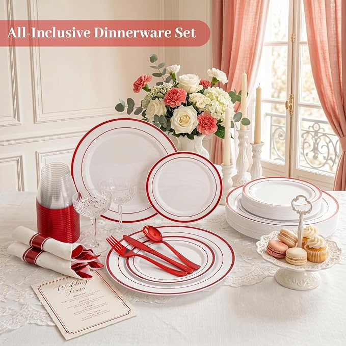 DaYammi 350PCS White and Red Plastic Dinnerware Set for 50 Guests, Fancy Disposable Plates for Party, Include: 50 Dinner Plates, 50 Dessert Plates, 50 Pre Rolled Napkins with Red Silverware, 50 Cups
