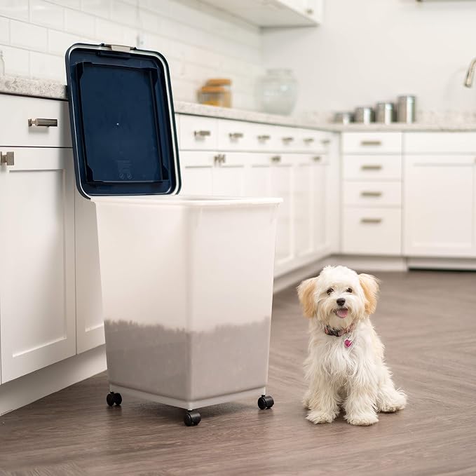 IRIS USA Dog Food Storage Container, Up to 54 lbs, Navy/Pearl, Made in USA | Wheels for Mobility, Airtight Seal, BPA-Free, Best for Bird Seed, Cat food, Cat Litter, Chicken Feed, Pellets