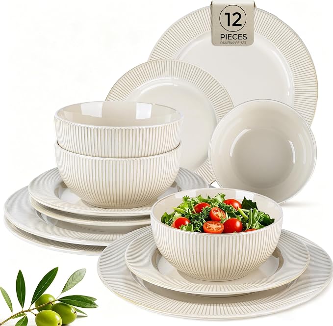 GBHOME Ceramic Dinnerware Sets of 4,12 pcs Plates and Bowls Sets Dishes | Embossed Elegant Stoneware Dishes Set | Dishwasher & Microwave Safe | Service for 4