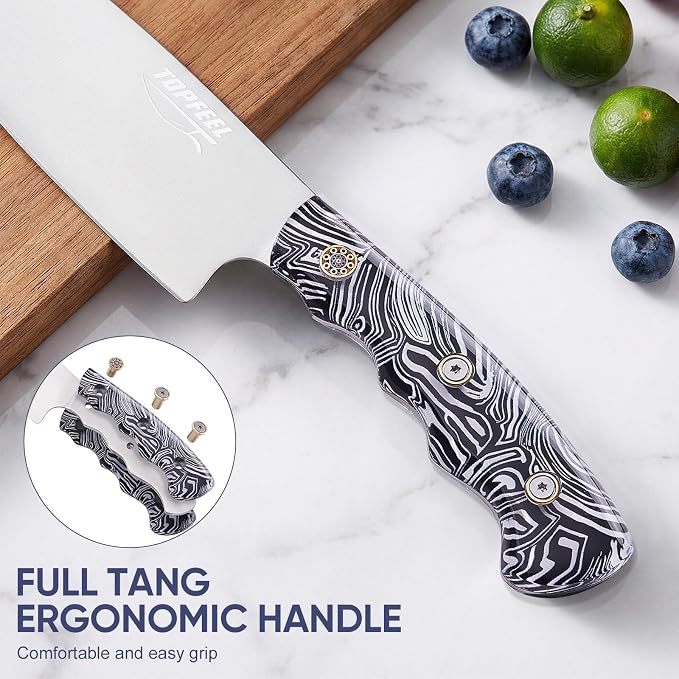 Topfeel 3-Piece Kitchen Knife Set, 5Cr15MoV High Carbon Stainless Steel | Includes 8-inch chef knife, 8-inch meat cleaver and 5-inch utility knife with full-tang acrylic handles and gift box