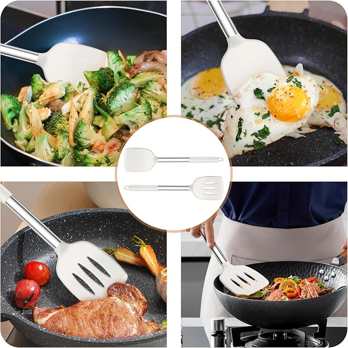 TeamFar Kitchen Utensils, 4 PCS Silicone Cooking Utensils Spatula Spoon Set | with Stainless Steel Handle, for Frying Mixing Draining Turning, Healthy & Heat-proof, Non-stick & Dishwasher Safe - White