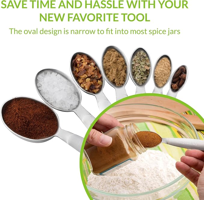 Spring Chef Stainless Steel Measuring Spoons Set of 7 with Leveler | Oval Metal Teaspoon & Tablespoon Measuring Spoons for Dry & Liquid Ingredients, Nesting Metric Spoons with Long Handle