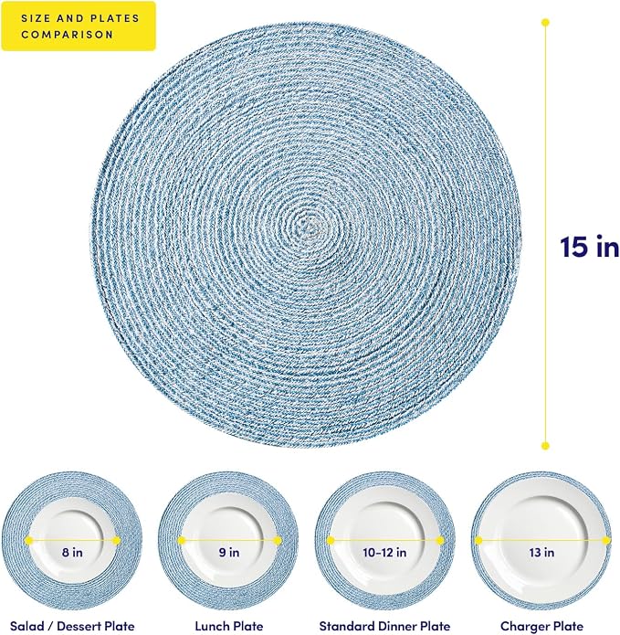 Round Placemats Set of 4-100% Cotton Two-Tone Placemat for Dining Table - Woven Braided Table Setting Place Mat - Washable Table Decor for Kitchen, Farmhouse, Rustic, Everyday Use, Dark Blue