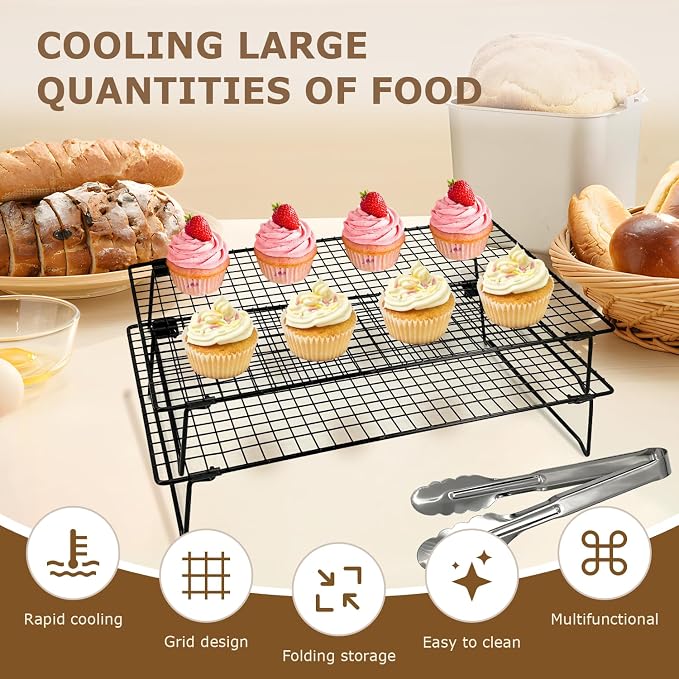 2-Pack 16.9x11inch Cooling Rack with Collapsible Legs & Food Tongs | Folding Cooking Baking Grilling Rack for Oven, Drying, Roasting (Black)