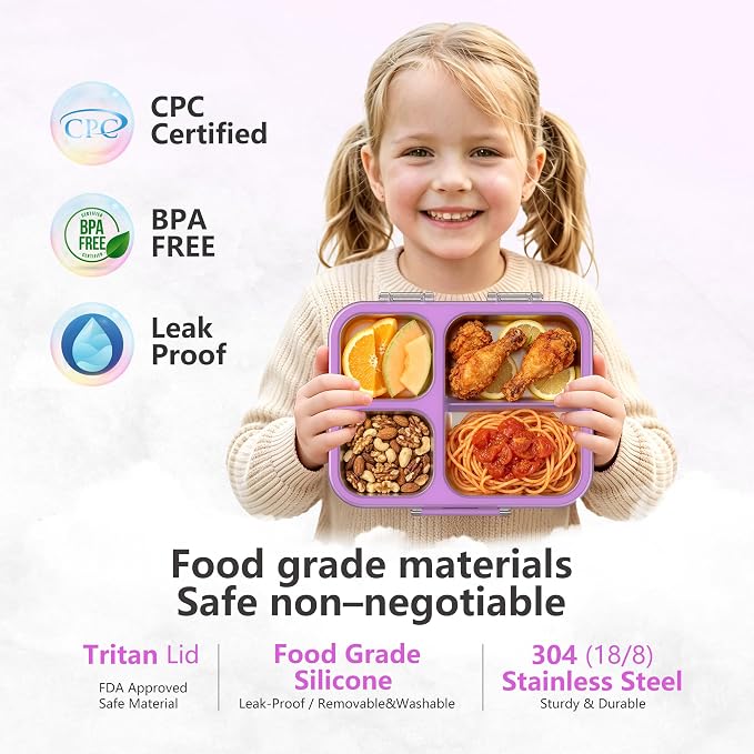LOHASOK Stainless Steel Bento Lunch Box, 34oz/1000ml,Purple | 3-Compartment, Leak Proof, Lightweight, Clear Plastic Lid, for Kids Adults, BPA/BPS Free, Dishwasher Safe