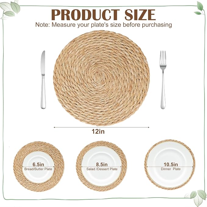 6 Pack 12IN Round Woven Placemats, Natural Bulrush Boho Farmhouse Mats | Heavy-duty hand-woven wicker mats for dining table, kitchen, patio BBQ, garden party. Flat-packed storage box. Rustic decor.