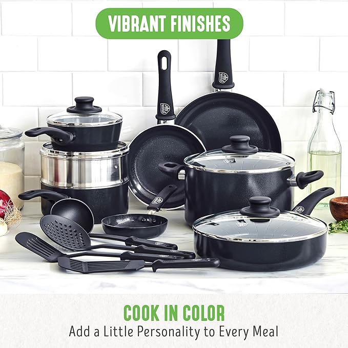 GreenLife 16 Piece Ceramic Nonstick Pots & Pans Cookware Set, Black | PFAS-Free Nonstick Coating, Stockpot, Frying Pans, Saucepans, Sauté Pan, Stay-Cool Handles, Dishwasher & Oven Safe up to 350F