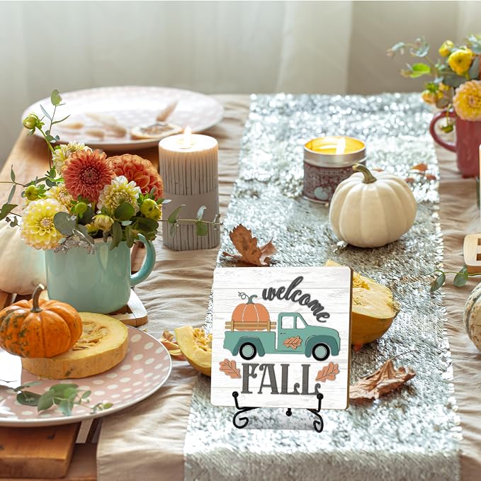 Fall Home Decor Indoor,Welcome Fall Thanksgiving Table Decor | 5"x5" Wood Plaque Gifts with Stand for Farmhouse Living Room Bathroom Kitchen Decoration - A01