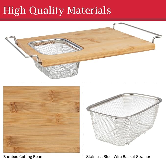 Classic Cuisine 2 in 1 Cutting Board with Strainer, Natural, 13.2” x 11.5” | Adjustable Bamboo Chopping Board with Removable Stainless Steel Colander for Over the Sink
