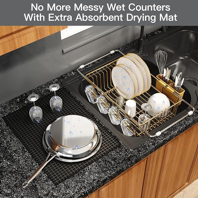 Gold Dish Drying Rack Over The Sink with Utensil Holder, Mat | Expandable Stainless Steel Dish Drainer for Small Kitchen, Apartment, RV, Counter Space Saving, Perfect Fit, Rustproof