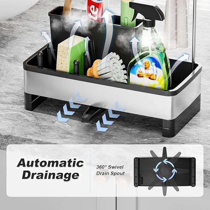 Ewaiira Sponge Holder for Kitchen Sink, Stainless Steel Sink Caddy | with Brush Holder & Dishcloth Rack, Countertop Sink Organizer, Soap Dispenser Kitchen Organizers Storage (D-Black 9.8″)