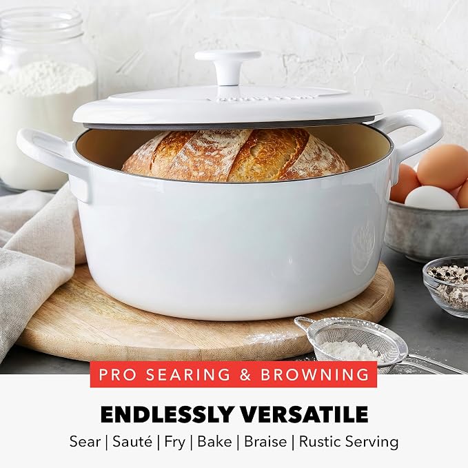 GreenPan x Bobby Flay 5.5QT Enameled Cast Iron Dutch Oven With Lid, White | Casserole Pot for Braising, Stews, Bread Baking & Searing, Self-Basting Lid, Induction Ready, Oven Safe To 500