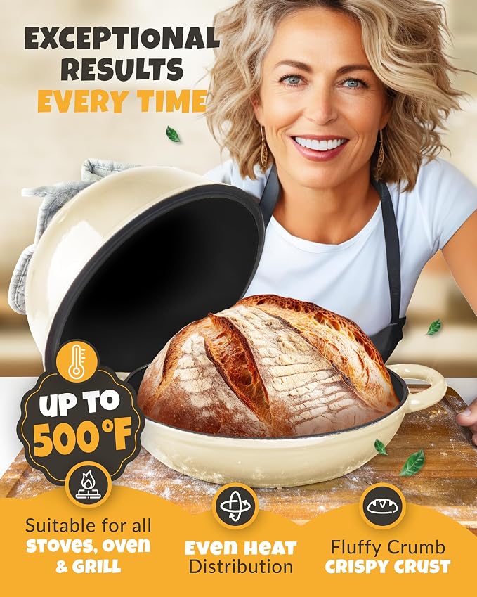 5 QT Enameled Dutch Oven for Bread Baking with Lid & Starter Kit | Dutch Oven for Sourdough Bread Baking, Enameled Cast Iron, Banneton, Bread Sling, Lame, Dough Whisk & Step-by-Step Guide