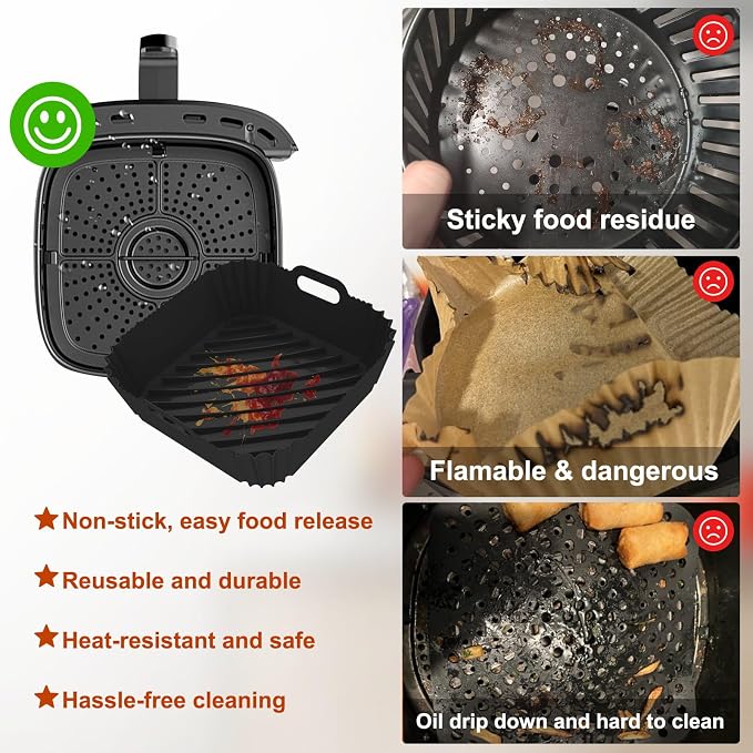 2 Pack Silicone Air Fryer Liners Reusable, 7.1 Inch Airfryer Liner 4-7 QT Square Air Fryer Liners Silicone Pot Oven Liner Baking Tray, AirFryer Basket Mat Bowl Accessories
