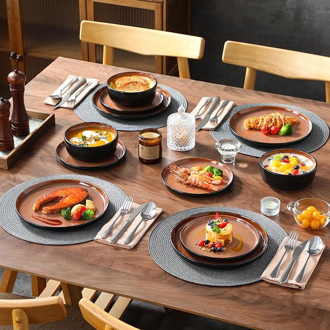 vancasso Plates and Bowls Sets, 18 Pieces Stoneware Dinnerware Sets for 6, Kitchen Dish Set Mircowave and Dishwasher Safe Ceramic Dishware, Dark Brown, Series AMBER
