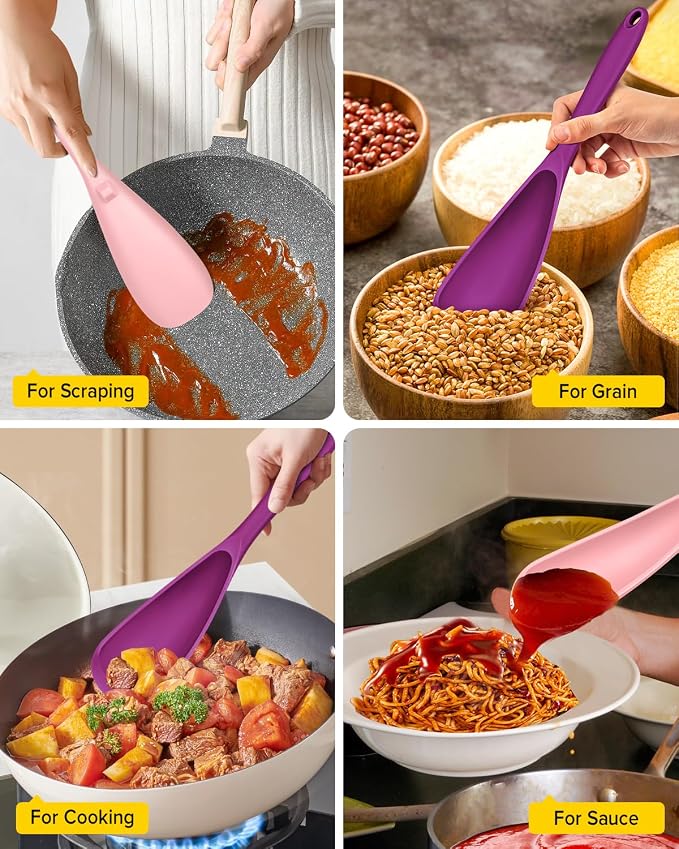 Pack of 2 Cooking Spoons for Non Stick Cookware, Multifunction Spatula Spoon BPA-Free, One-Piece Design, Suitable for Scooping, Scraping, Serving and Mixing (PINK-PURPLE)