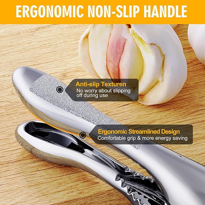 Garlic Press and Slicer 3 In 1, Food Grade Stainless Steel Garlic Mincer Chopper Crusher Garlic Press Kitchen Tool with Garlic Peeler Skin Remover and Clean Brush