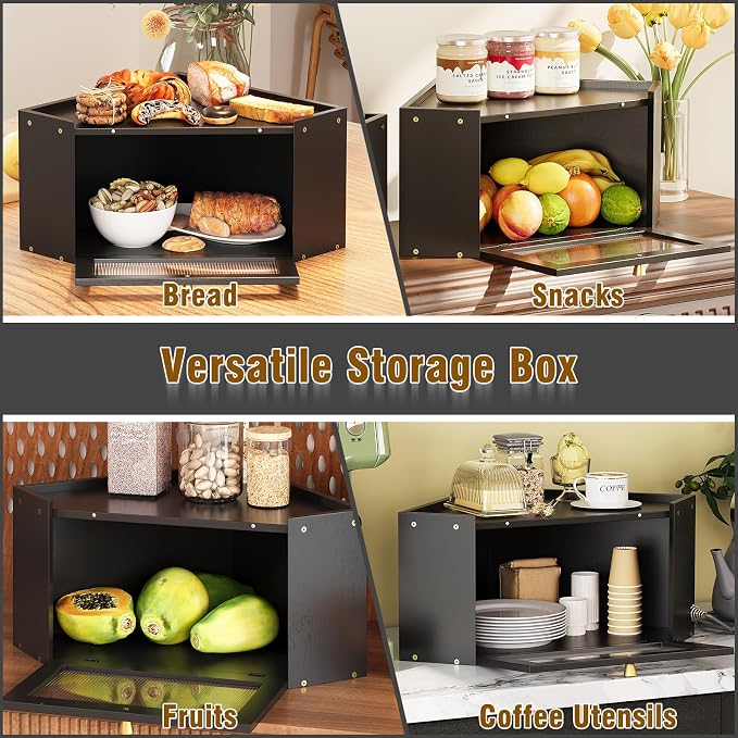 Trironsun Corner Bamboo Bread Box for Kitchen Counter Large Capacity Rustic Bread Storage Container with Wavy Arcylic Transparent Door Vintage Storage for Homemade Bread (Black)