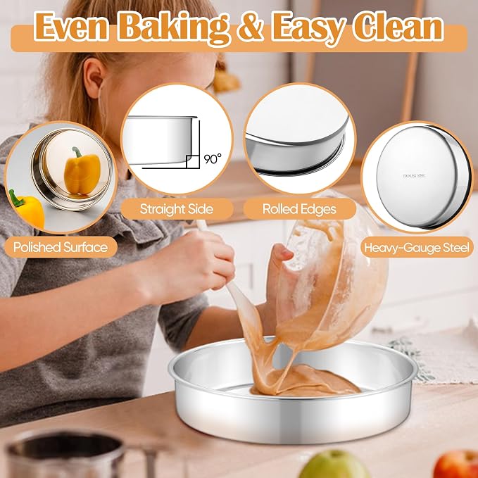 E-far 11 Inch Cake Pan Set of 2, Stainless Steel Round Baking Pans Tins | Non-Toxic & Leak-Proof Mold for Birthday Wedding Layer Tiered Cake, Easy Clean & Dishwasher Safe