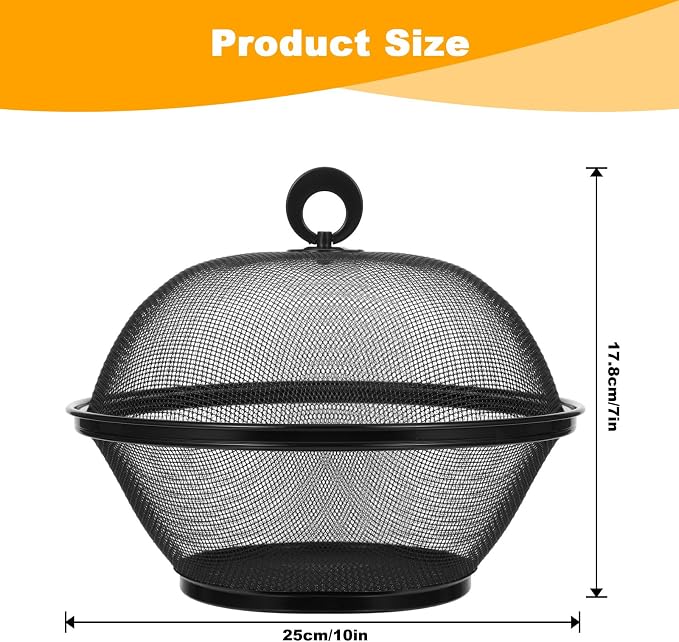 4 Pcs Mesh Food Cover with Lid, 10 Inch Iron Fruit Basket Fly Proof Strainer, Black and Red Metal Wire Container for Kitchen Countertop, Restaurant, Fruit Vegetable Storage