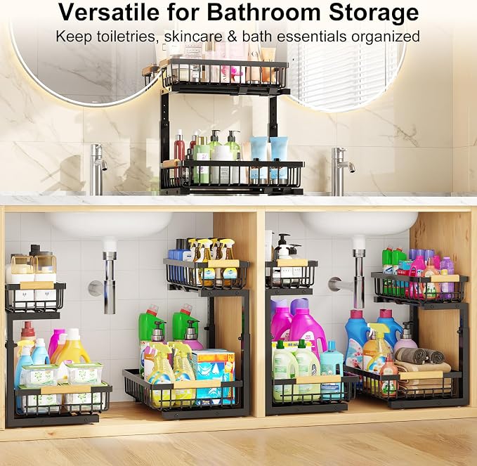 Under Sink Organizer 2 Pack, Adjustable Height 2-Tier Pull Out Cabinet Organizers, Heavy Duty Metal Slide Out Drawers, Under the Sink Organization and Storage Shelf for Kitchen Bathroom Pantry, Black