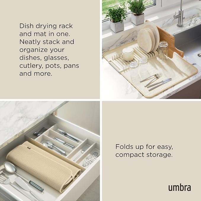 Umbra Udry Dish Drying Rack with Mat, Folds Flat for Storage, Linen | Protects countertop, BPA-free, recycled plastic construction